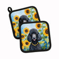 Black Poodle in Sunflowers Pot Holder Set of 2 Heat Resistant Quilted Hot Pads 7.5 x 7.5 Inch, Insulated Kitchen Trivets for Cooking & Baking