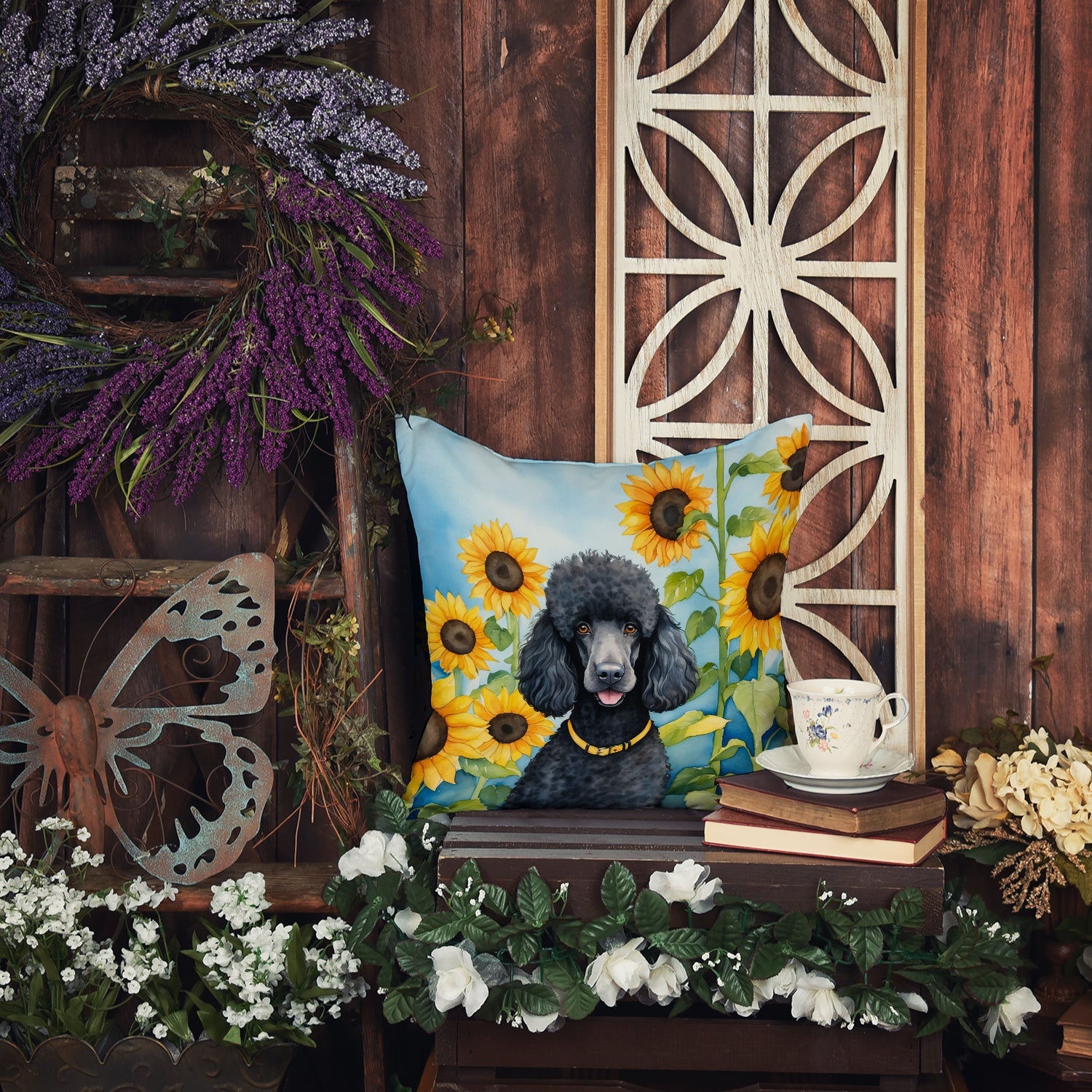 Black Poodle in Sunflowers Decorative Throw Pillow 14x14 Indoor Outdoor Accent Cushion, Fabric Cover with Insert for Sofa, Bed, Porch & Living Room