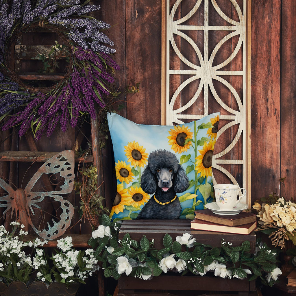 Black Poodle in Sunflowers Decorative Throw Pillow 18x18 Indoor Outdoor Accent Cushion, Fabric Cover with Insert for Sofa, Bed, Porch & Living Room