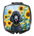 Black Poodle in Sunflowers Compact Mirror Decorative Travel Makeup Mirror for Women Girls Gifts Pocket Makeup Mirror Folding Handheld