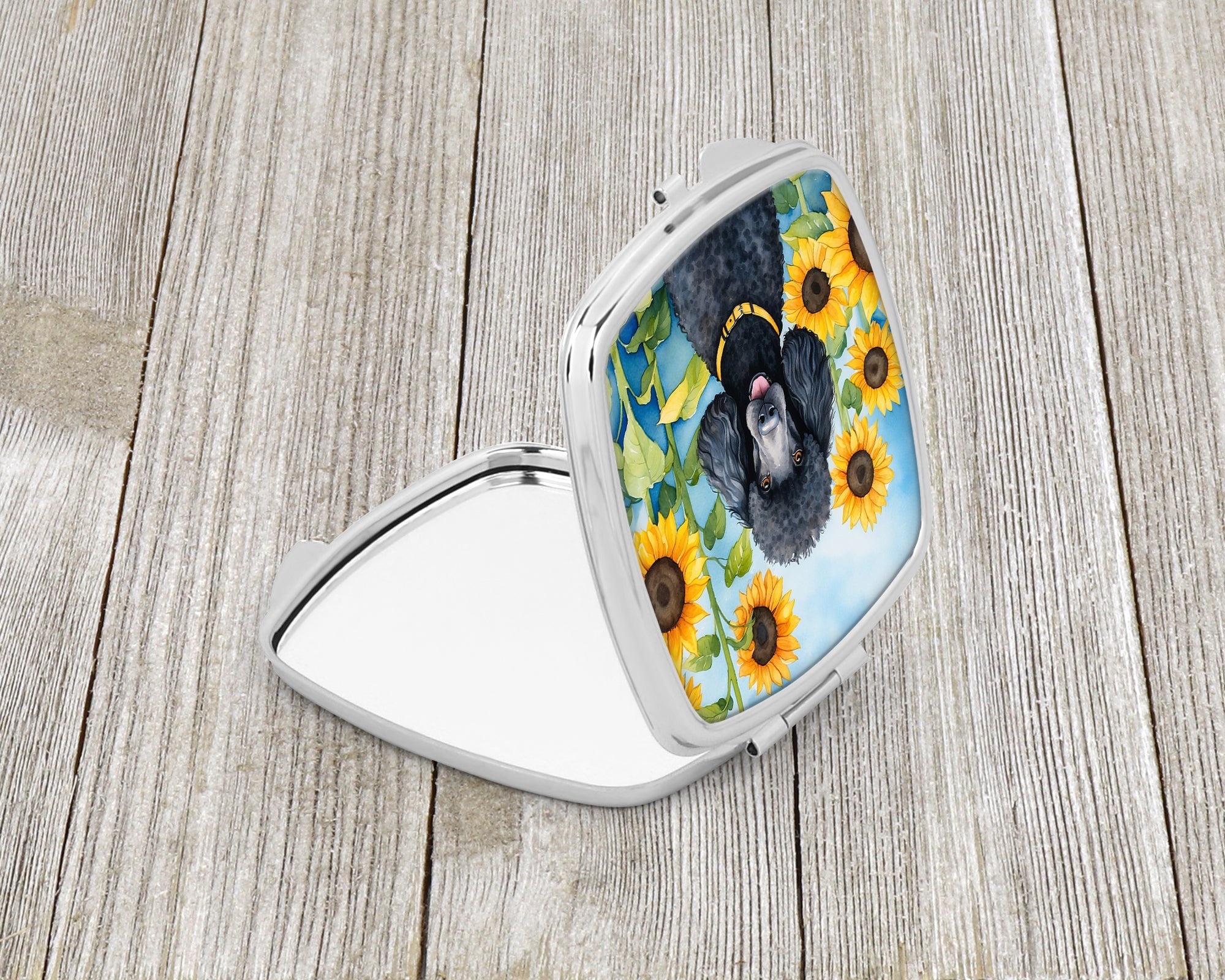Black Poodle in Sunflowers Compact Mirror Decorative Travel Makeup Mirror for Women Girls Gifts Pocket Makeup Mirror Folding Handheld