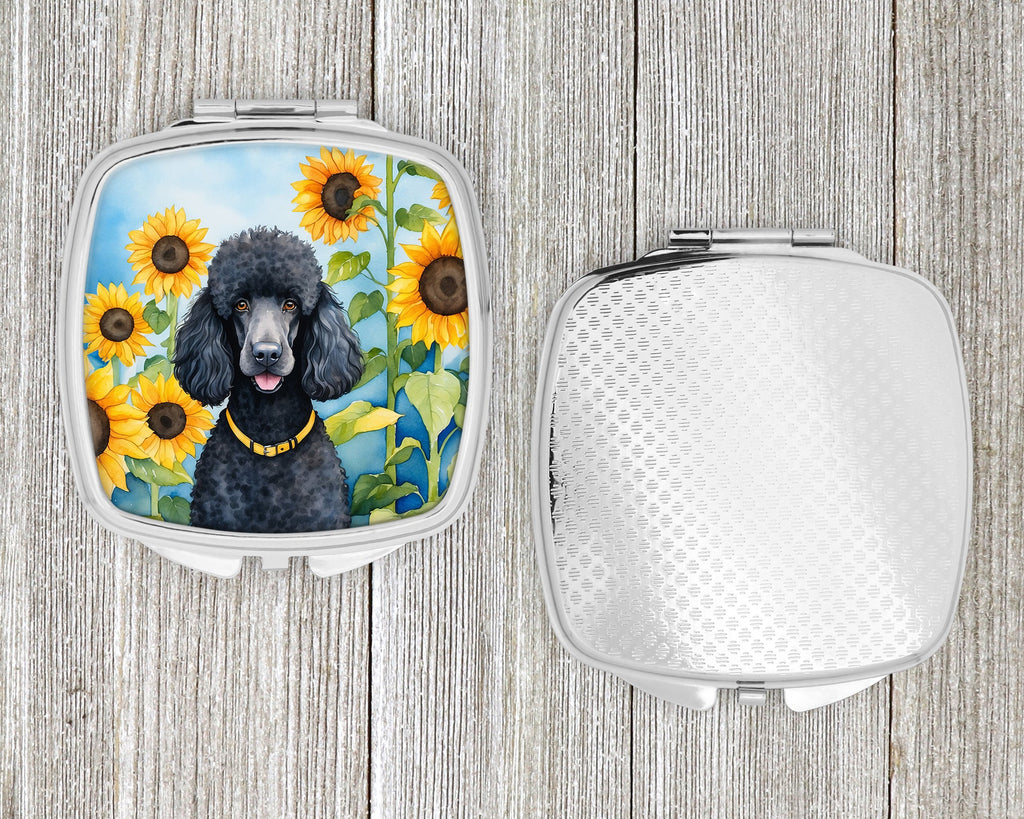 Black Poodle in Sunflowers Compact Mirror Decorative Travel Makeup Mirror for Women Girls Gifts Pocket Makeup Mirror Folding Handheld