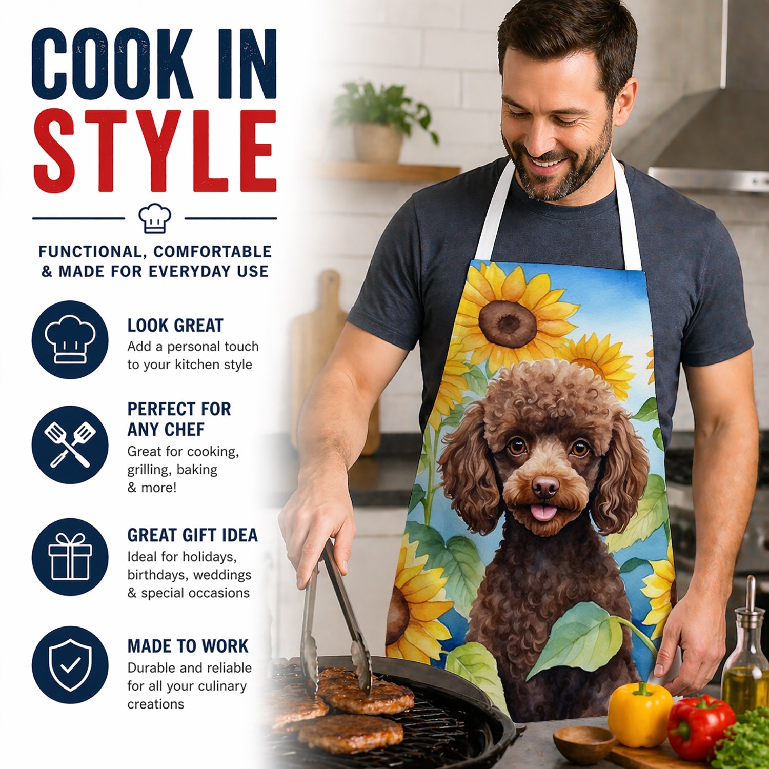 Chocolate Poodle in Sunflowers Apron Cooking Kitchen Server Baking Crafts Gardening for Adult Women Men, Unisex, Large, Multicolor