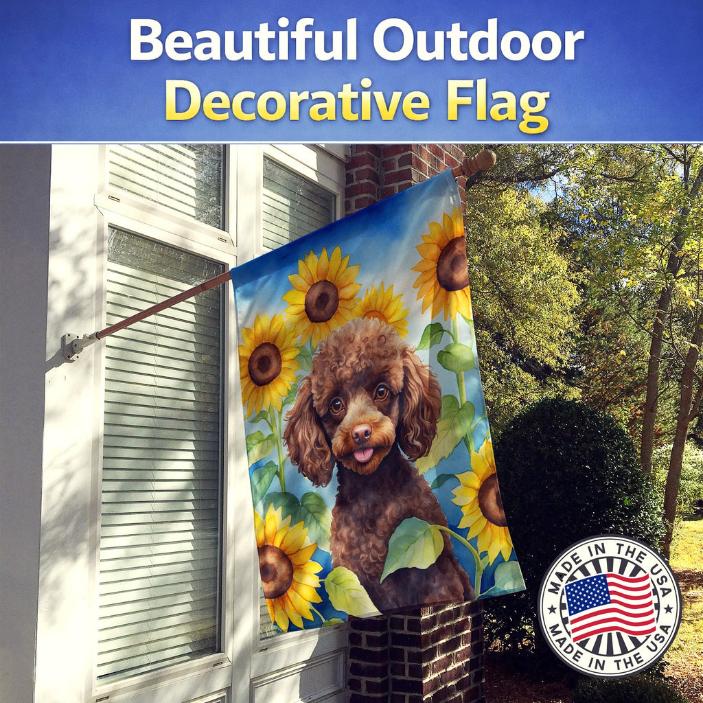 Chocolate Poodle in Sunflowers House Flag 28x40 Porch Sleeve Pole Decorative Outside Yard Banner Artwork Wall Hanging, Polyester