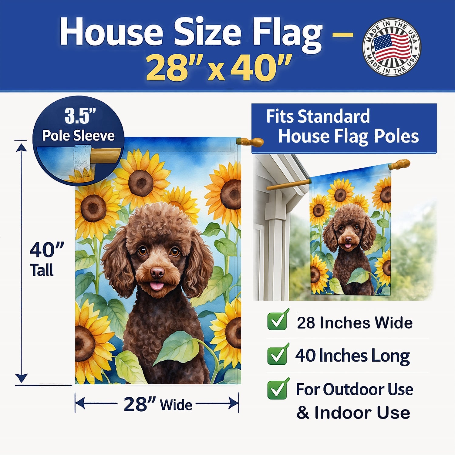 Chocolate Poodle in Sunflowers House Flag 28x40 Porch Sleeve Pole Decorative Outside Yard Banner Artwork Wall Hanging, Polyester
