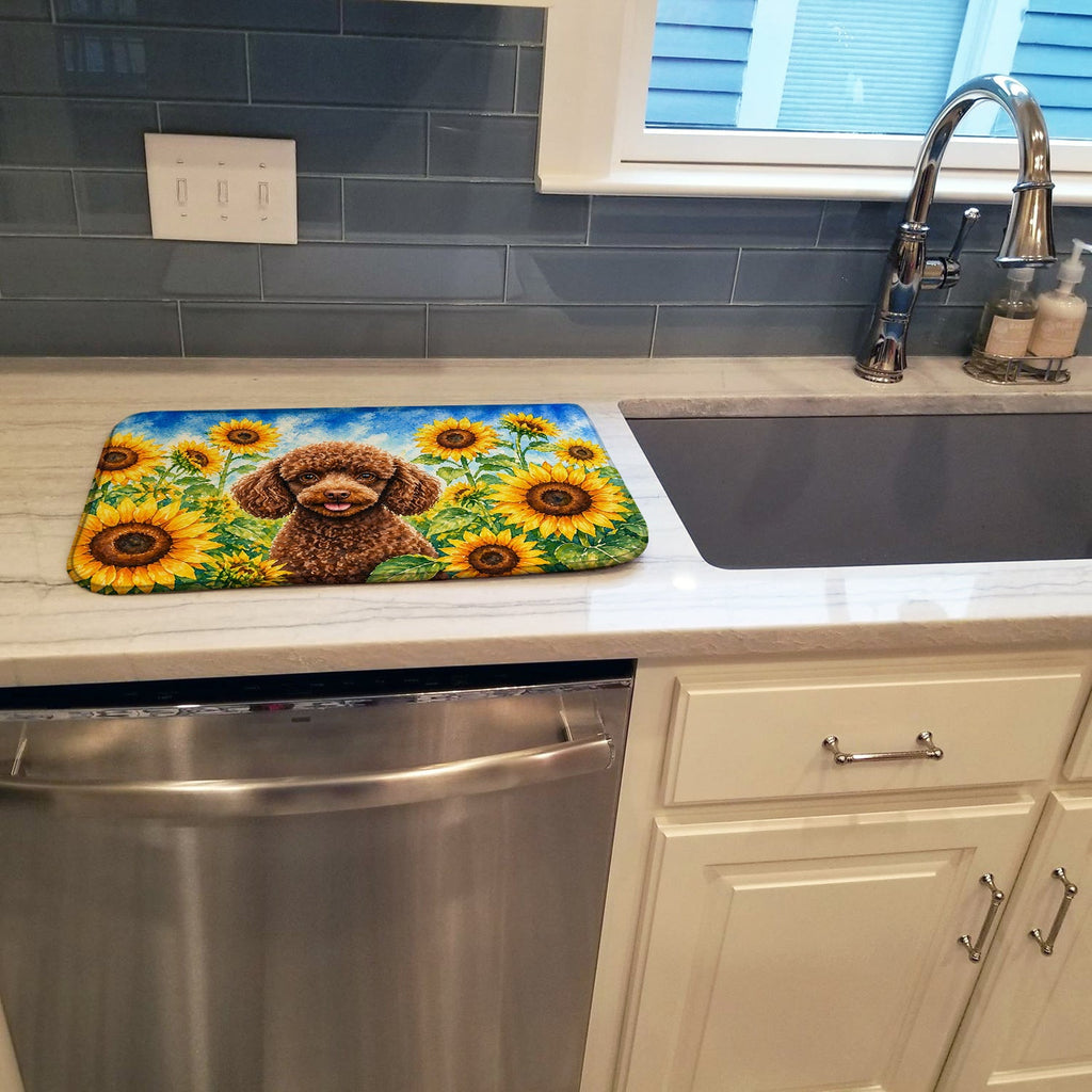 Chocolate Poodle in Sunflowers Dish Drying Mat Absorbent Dish Drying Mat Pad for Kitchen Counter Dish Drainer Mat for Countertop, 14 x 21", Multicolor