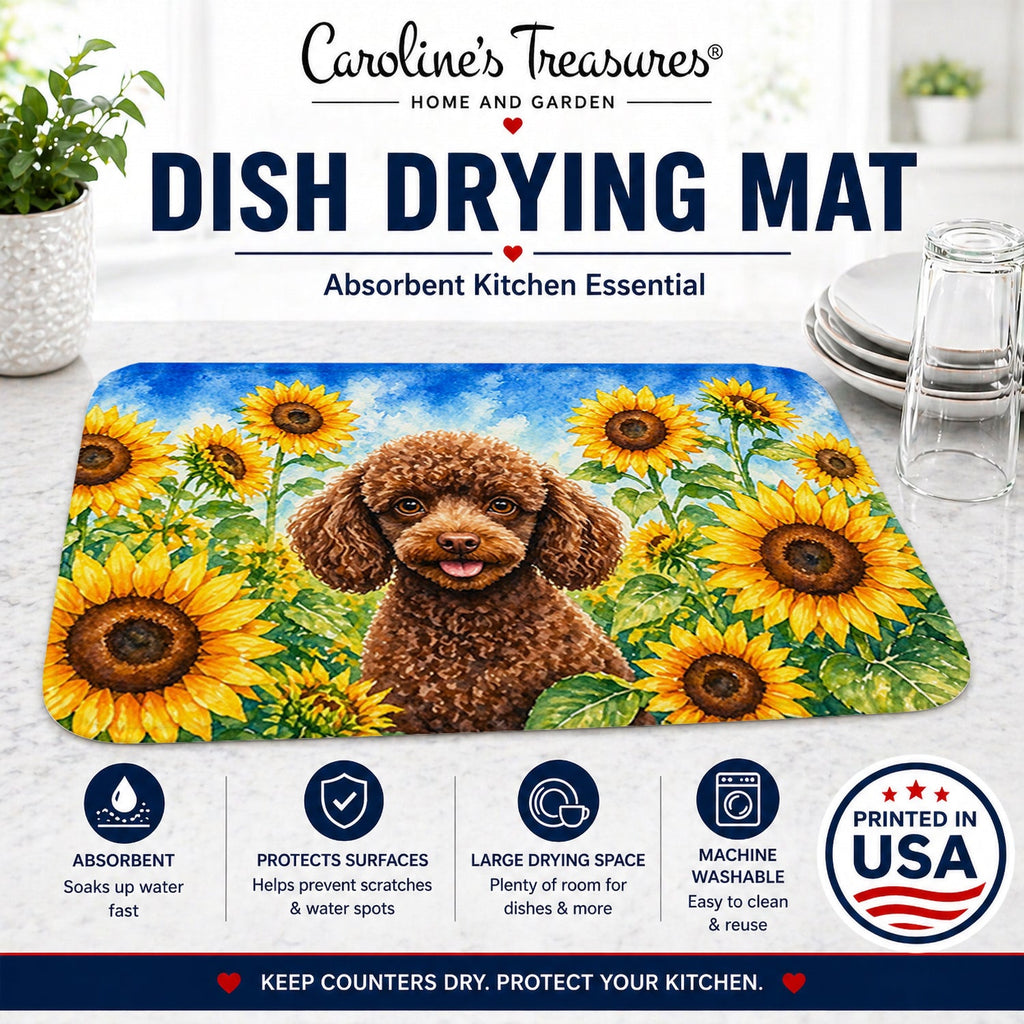 Chocolate Poodle in Sunflowers Dish Drying Mat Absorbent Dish Drying Mat Pad for Kitchen Counter Dish Drainer Mat for Countertop, 14 x 21", Multicolor