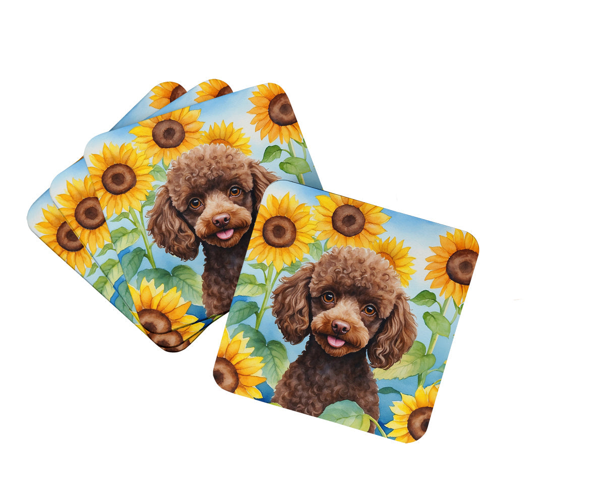 Chocolate Poodle in Sunflowers Foam Coasters Set of 4 Cup Coasters for Indoor Outdoor, Tabletop Protection, Anti Slip, Mouse pad Material
