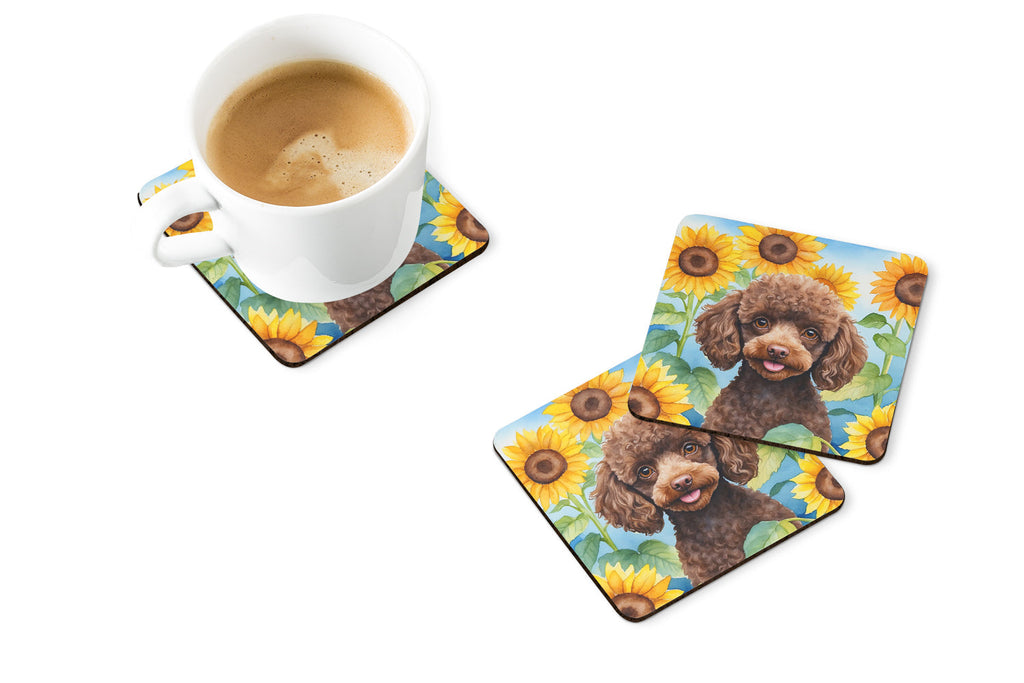 Chocolate Poodle in Sunflowers Foam Coasters Set of 4 Cup Coasters for Indoor Outdoor, Tabletop Protection, Anti Slip, Mouse pad Material