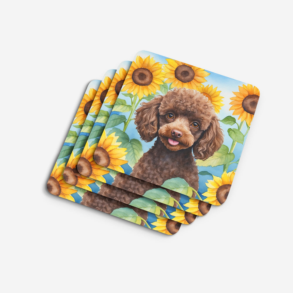 Chocolate Poodle in Sunflowers Foam Coasters Set of 4 Cup Coasters for Indoor Outdoor, Tabletop Protection, Anti Slip, Mouse pad Material
