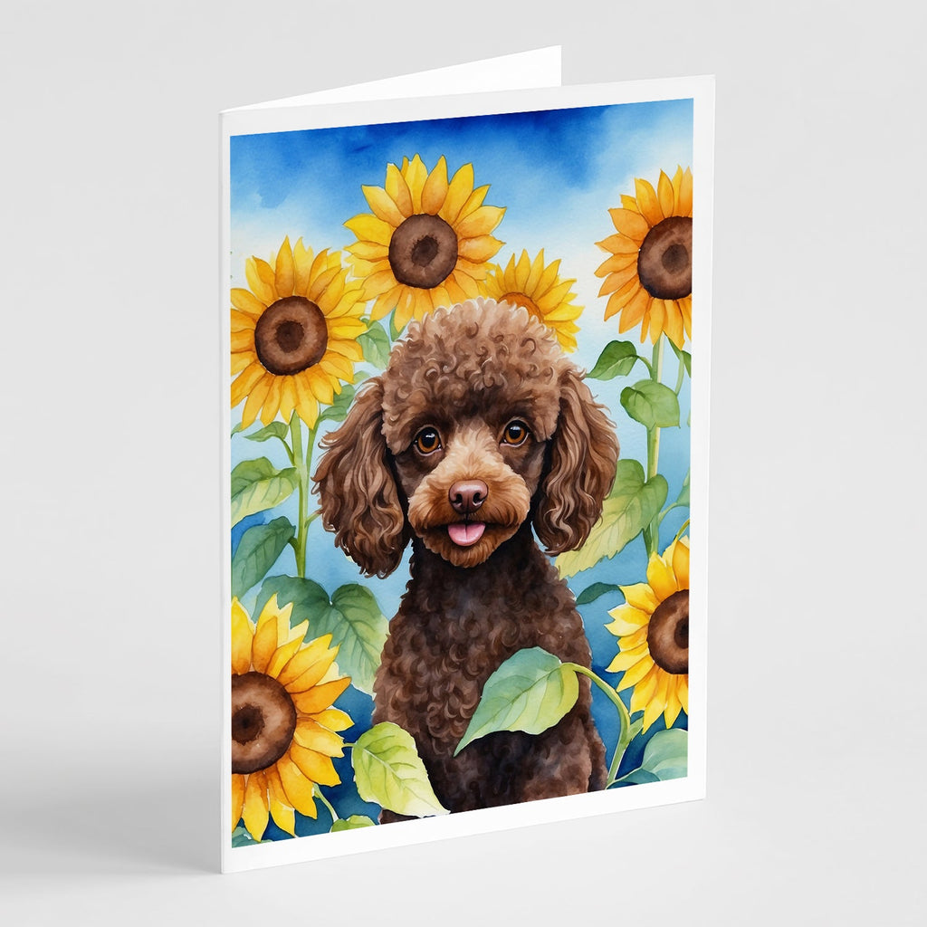 Chocolate Poodle in Sunflowers Greeting Cards Pack of 8 Blank Cards with Envelopes Whimsical A7 Size 5x7