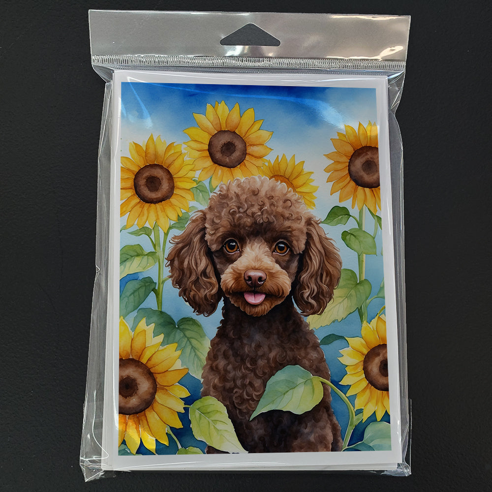 Chocolate Poodle in Sunflowers Greeting Cards Pack of 8 Blank Cards with Envelopes Whimsical A7 Size 5x7