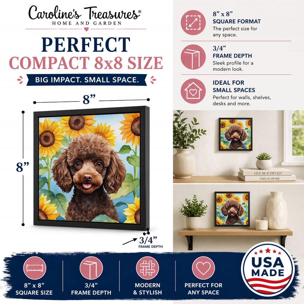 Chocolate Poodle in Sunflowers Framed Metal Print Bathroom, Kitchen, Office, Home Decor Wall Art Ready to Hang, Square, 8X8