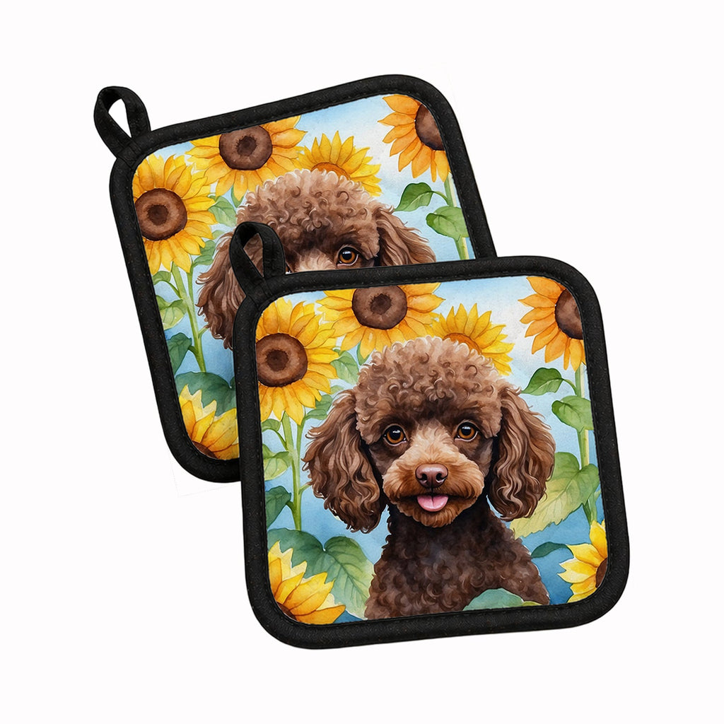 Chocolate Poodle in Sunflowers Pot Holder Set of 2 Heat Resistant Quilted Hot Pads 7.5 x 7.5 Inch, Insulated Kitchen Trivets for Cooking & Baking