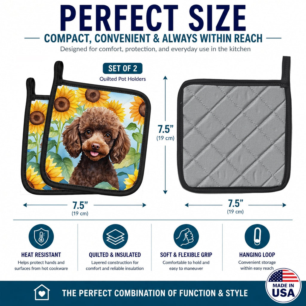 Chocolate Poodle in Sunflowers Pot Holder Set of 2 Heat Resistant Quilted Hot Pads 7.5 x 7.5 Inch, Insulated Kitchen Trivets for Cooking & Baking