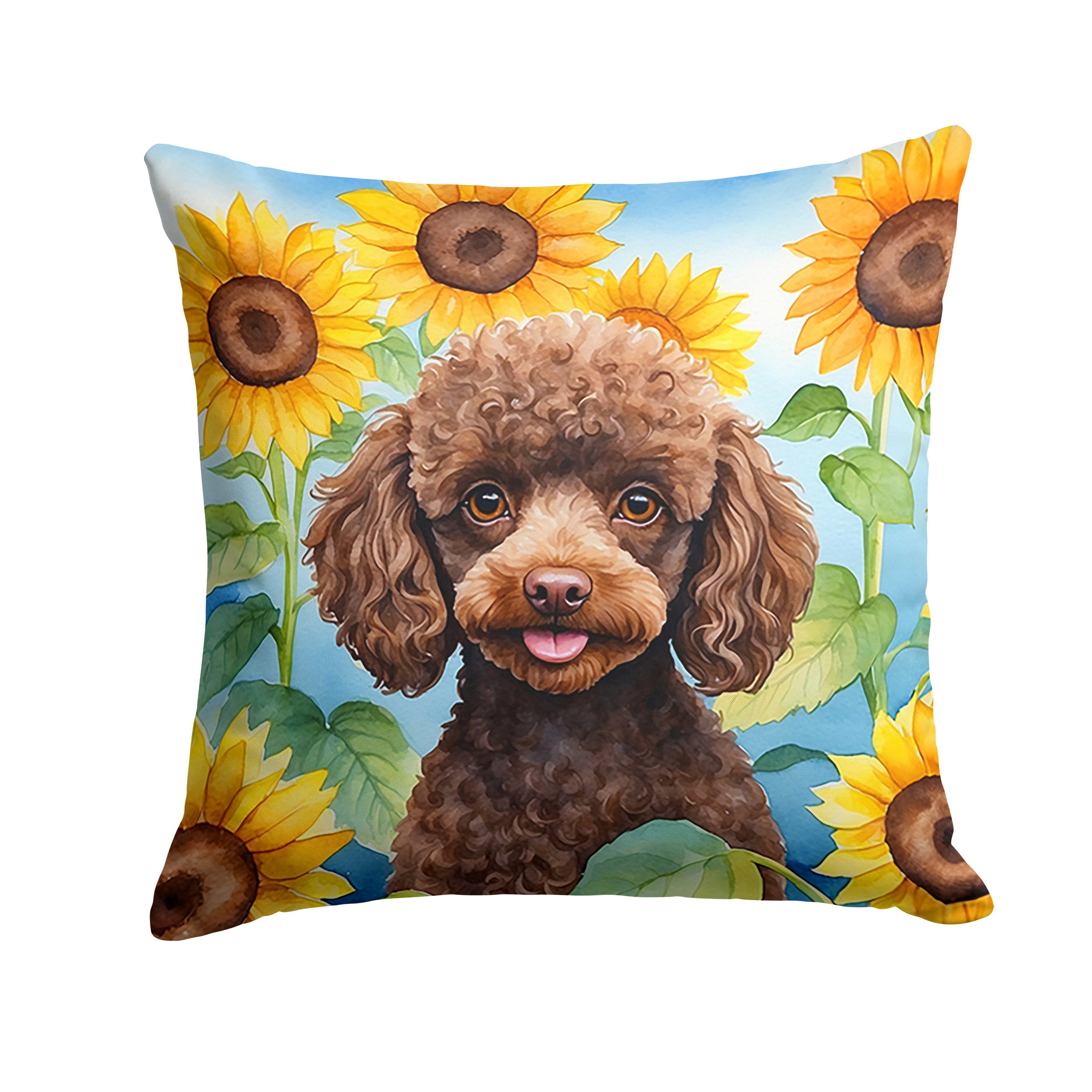 Chocolate Poodle in Sunflowers Decorative Throw Pillow 14x14 Indoor Outdoor Accent Cushion, Fabric Cover with Insert for Sofa, Bed, Porch & Living Room