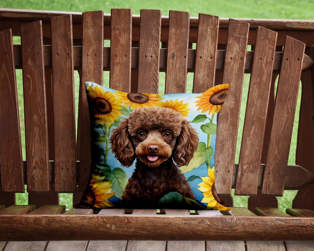 Chocolate Poodle in Sunflowers Decorative Throw Pillow 14x14 Indoor Outdoor Accent Cushion, Fabric Cover with Insert for Sofa, Bed, Porch & Living Room