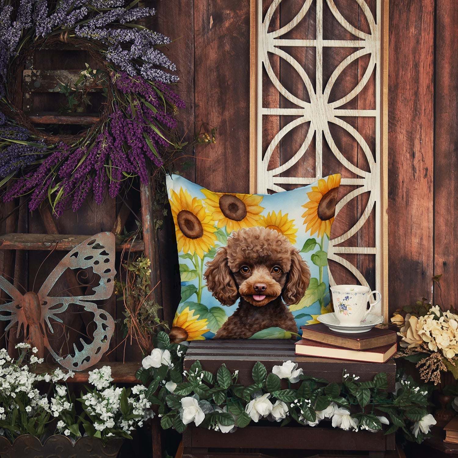 Chocolate Poodle in Sunflowers Decorative Throw Pillow 14x14 Indoor Outdoor Accent Cushion, Fabric Cover with Insert for Sofa, Bed, Porch & Living Room