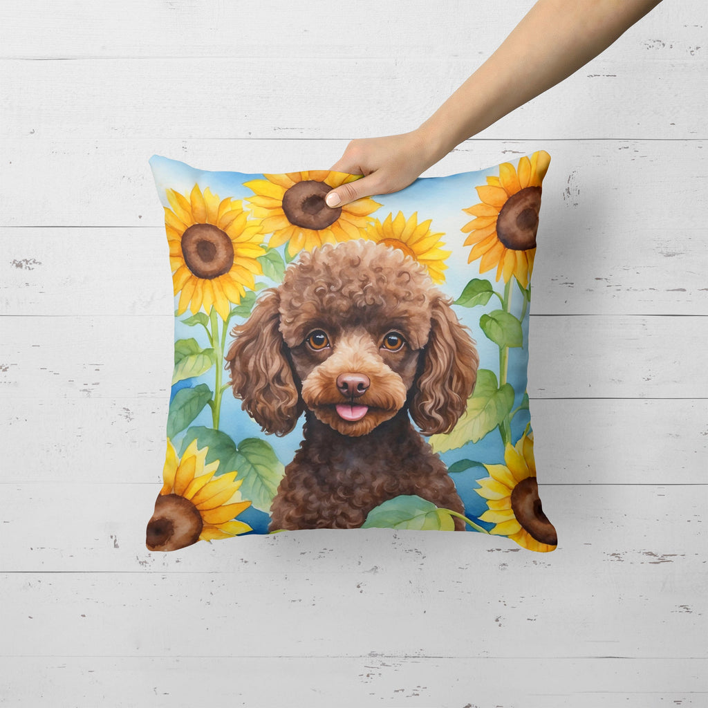 Chocolate Poodle in Sunflowers Decorative Throw Pillow 18x18 Indoor Outdoor Accent Cushion, Fabric Cover with Insert for Sofa, Bed, Porch & Living Room