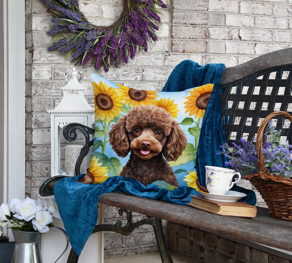 Chocolate Poodle in Sunflowers Decorative Throw Pillow 18x18 Indoor Outdoor Accent Cushion, Fabric Cover with Insert for Sofa, Bed, Porch & Living Room