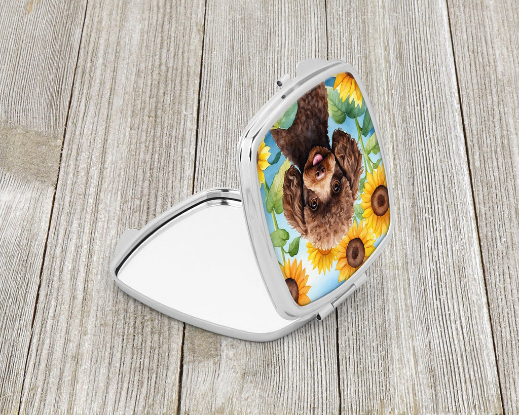 Chocolate Poodle in Sunflowers Compact Mirror Decorative Travel Makeup Mirror for Women Girls Gifts Pocket Makeup Mirror Folding Handheld