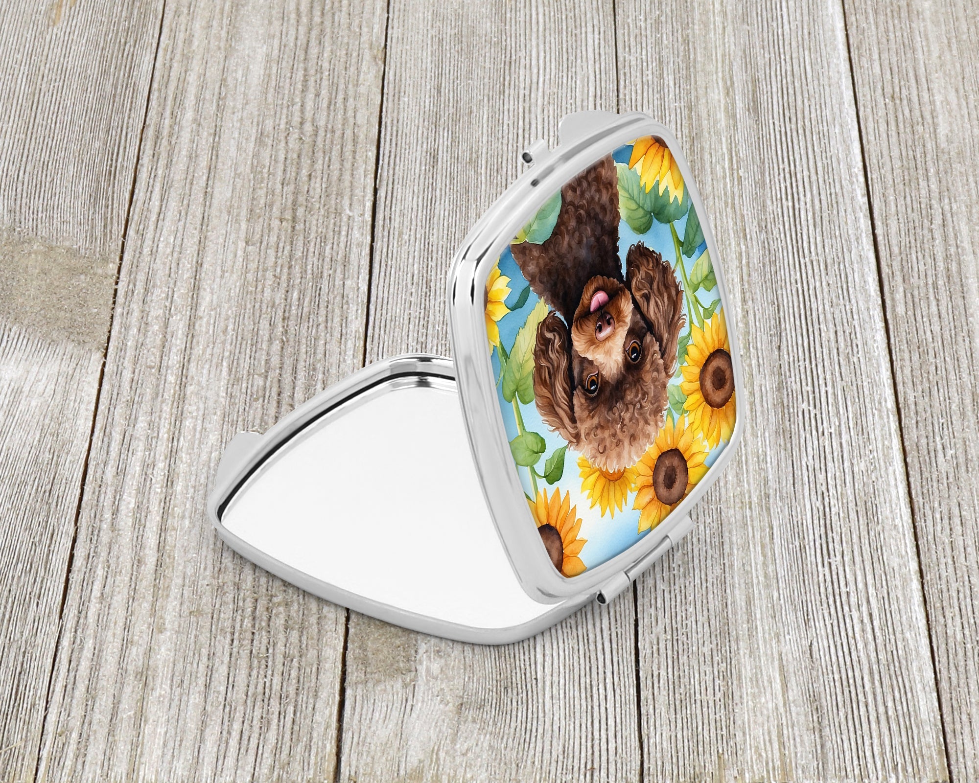 Chocolate Poodle in Sunflowers Compact Mirror Decorative Travel Makeup Mirror for Women Girls Gifts Pocket Makeup Mirror Folding Handheld