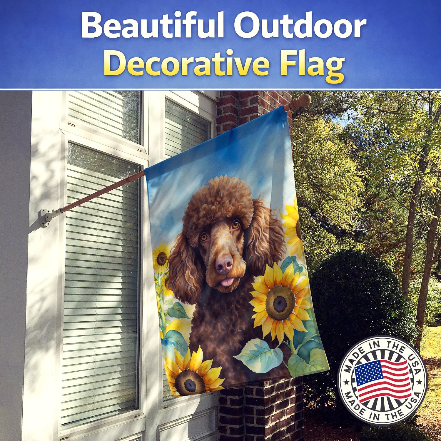 Chocolate Poodle in Sunflowers House Flag 28x40 Porch Sleeve Pole Decorative Outside Yard Banner Artwork Wall Hanging, Polyester