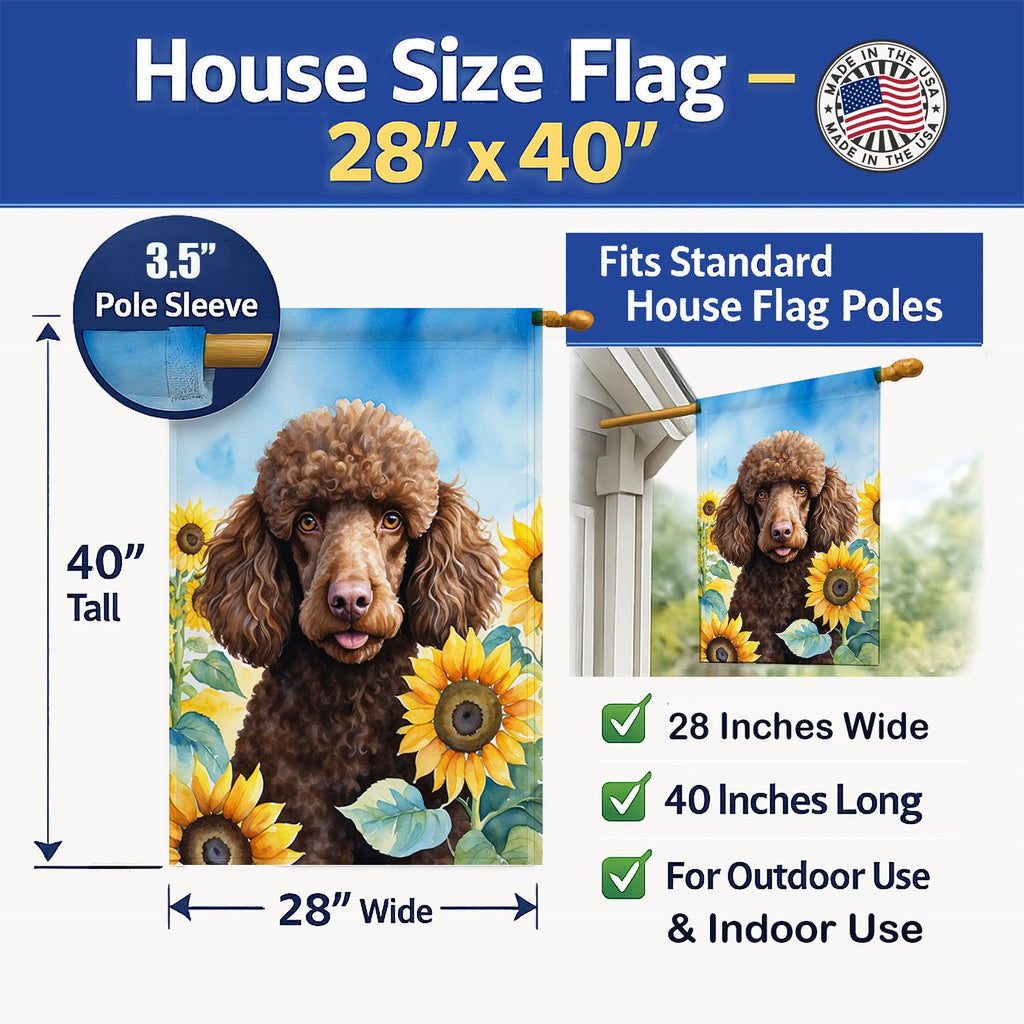 Chocolate Poodle in Sunflowers House Flag 28x40 Porch Sleeve Pole Decorative Outside Yard Banner Artwork Wall Hanging, Polyester