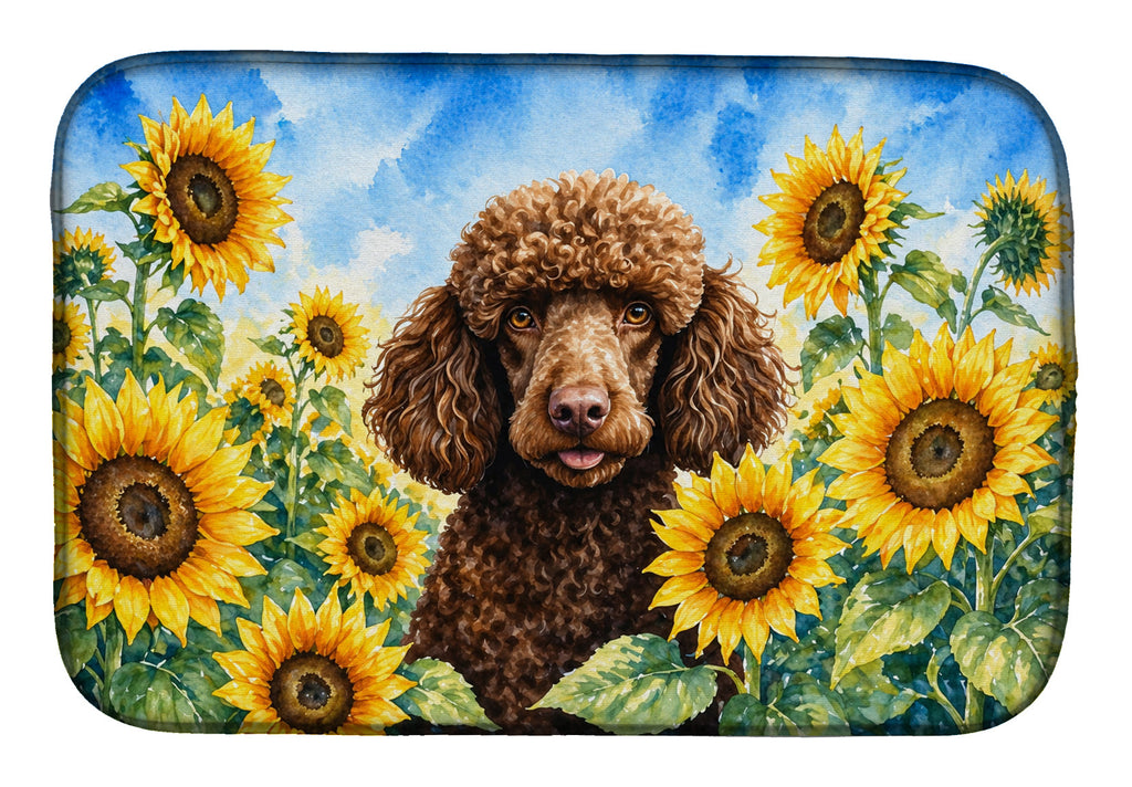 Chocolate Poodle in Sunflowers Dish Drying Mat Absorbent Dish Drying Mat Pad for Kitchen Counter Dish Drainer Mat for Countertop, 14 x 21", Multicolor