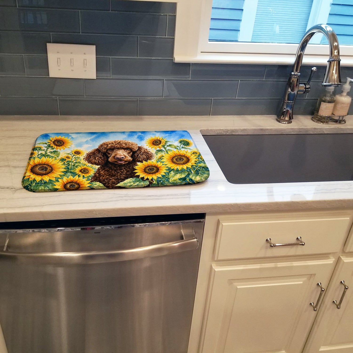 Chocolate Poodle in Sunflowers Dish Drying Mat Absorbent Dish Drying Mat Pad for Kitchen Counter Dish Drainer Mat for Countertop, 14 x 21", Multicolor