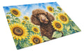 Chocolate Poodle in Sunflowers Cutting Board Tempered Glass Kitchen Cutting Surface, Heat Resistant Chopping Board with Non-Slip Feet, Decorative Food Prep & Serving