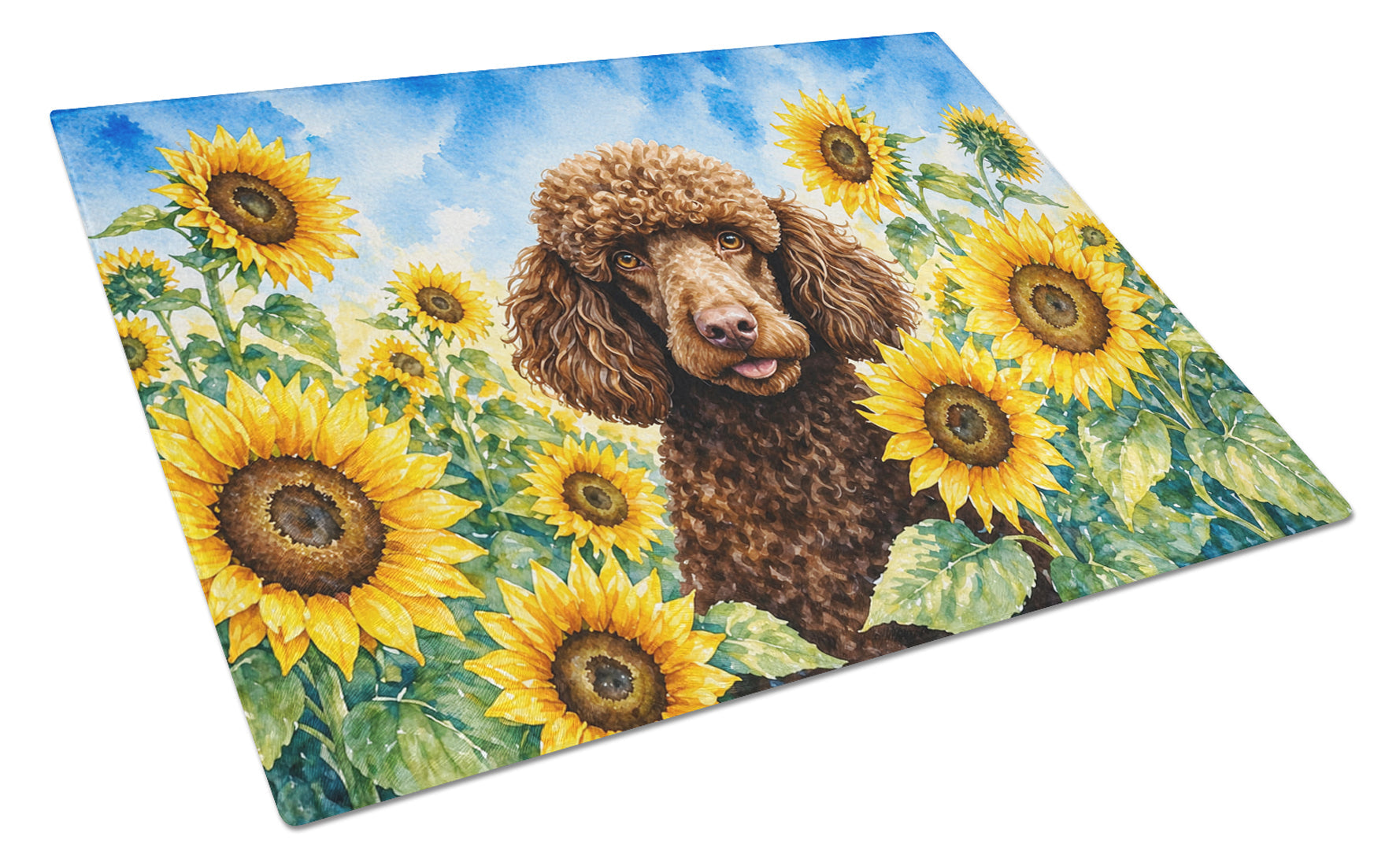 Chocolate Poodle in Sunflowers Cutting Board Tempered Glass Kitchen Cutting Surface, Heat Resistant Chopping Board with Non-Slip Feet, Decorative Food Prep & Serving