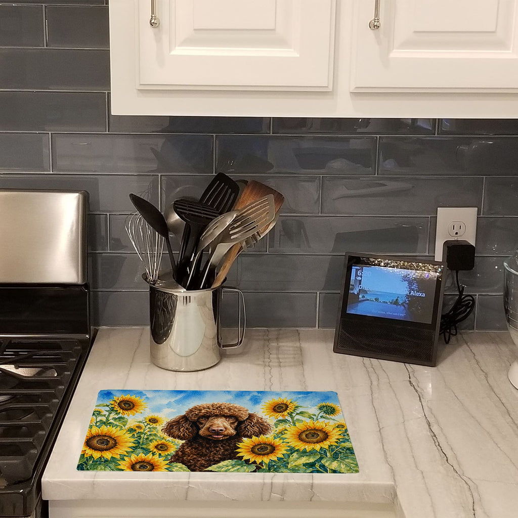 Chocolate Poodle in Sunflowers Cutting Board Tempered Glass Kitchen Cutting Surface, Heat Resistant Chopping Board with Non-Slip Feet, Decorative Food Prep & Serving