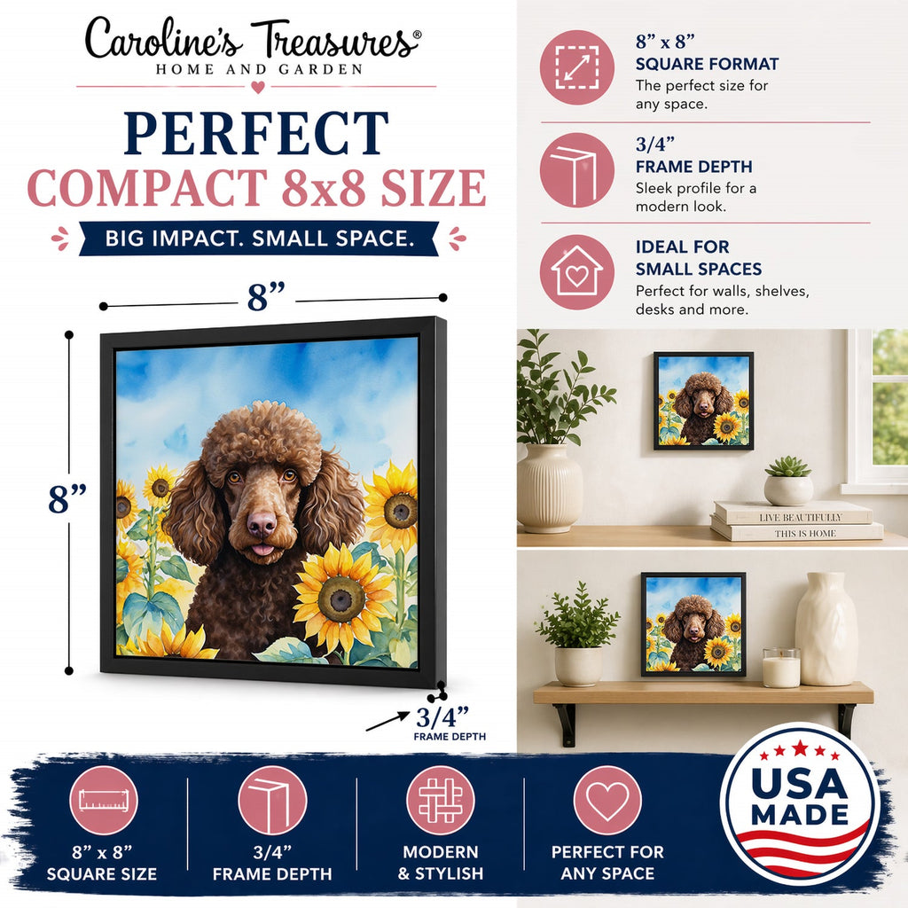 Chocolate Poodle in Sunflowers Framed Metal Print Bathroom, Kitchen, Office, Home Decor Wall Art Ready to Hang, Square, 8X8