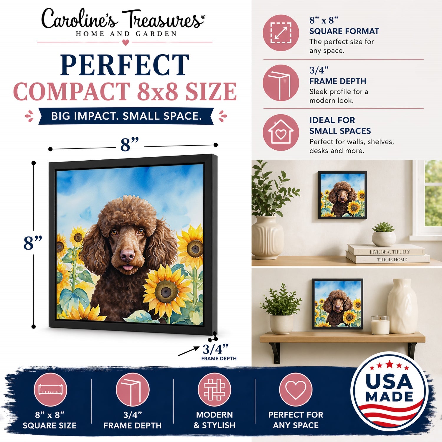 Chocolate Poodle in Sunflowers Framed Metal Print Bathroom, Kitchen, Office, Home Decor Wall Art Ready to Hang, Square, 8X8