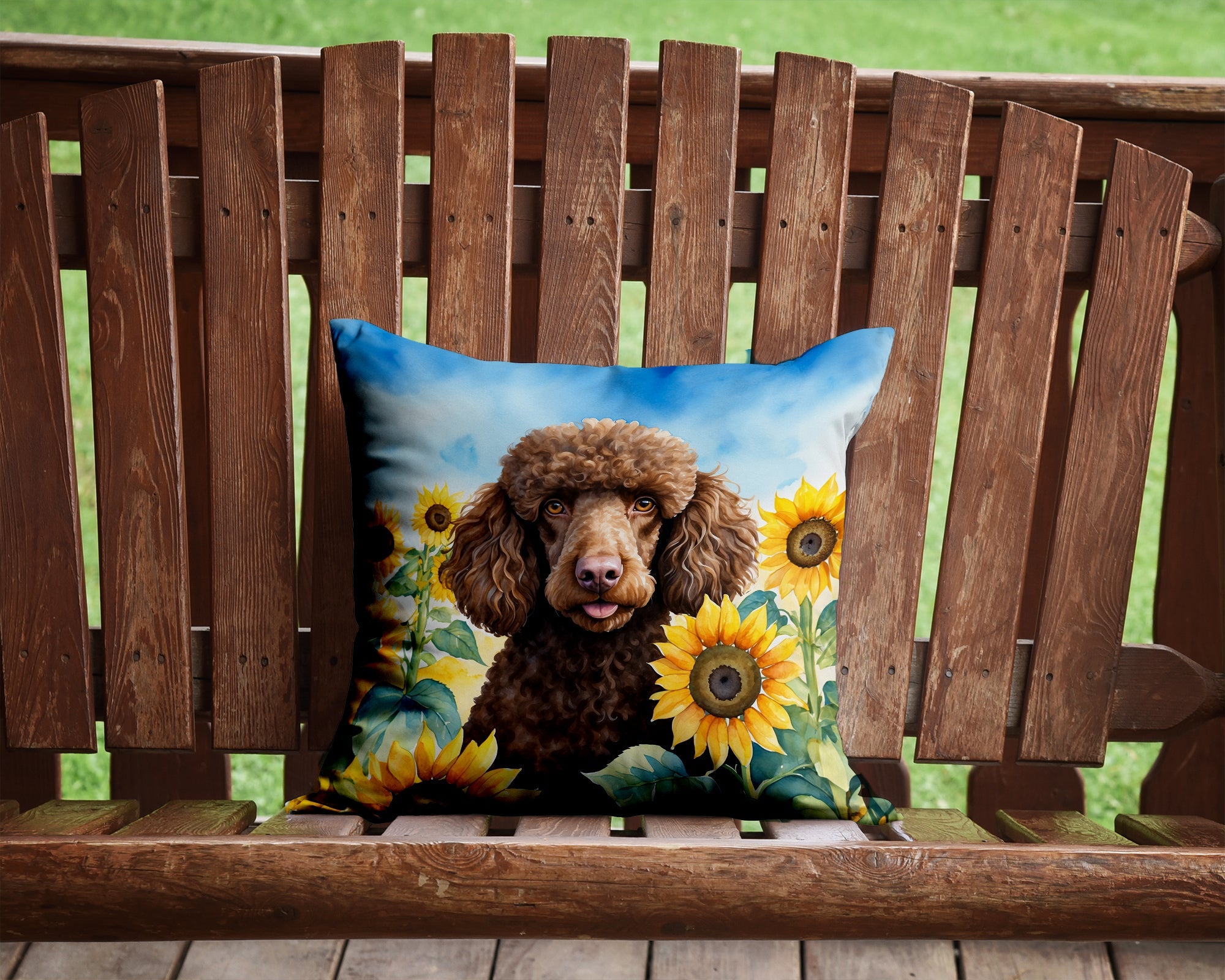 Chocolate Poodle in Sunflowers Decorative Throw Pillow 14x14 Indoor Outdoor Accent Cushion, Fabric Cover with Insert for Sofa, Bed, Porch & Living Room