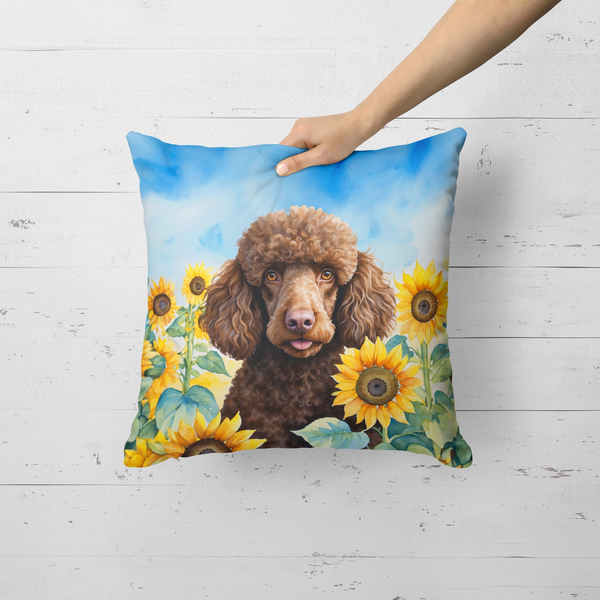 Chocolate Poodle in Sunflowers Decorative Throw Pillow 18x18 Indoor Outdoor Accent Cushion, Fabric Cover with Insert for Sofa, Bed, Porch & Living Room
