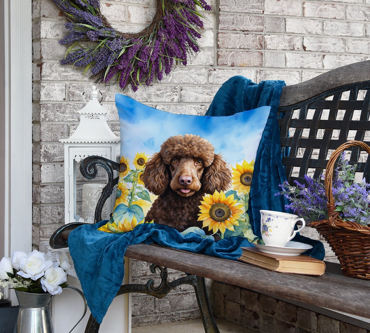 Chocolate Poodle in Sunflowers Decorative Throw Pillow 18x18 Indoor Outdoor Accent Cushion, Fabric Cover with Insert for Sofa, Bed, Porch & Living Room