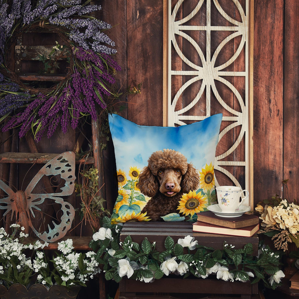 Chocolate Poodle in Sunflowers Decorative Throw Pillow 18x18 Indoor Outdoor Accent Cushion, Fabric Cover with Insert for Sofa, Bed, Porch & Living Room
