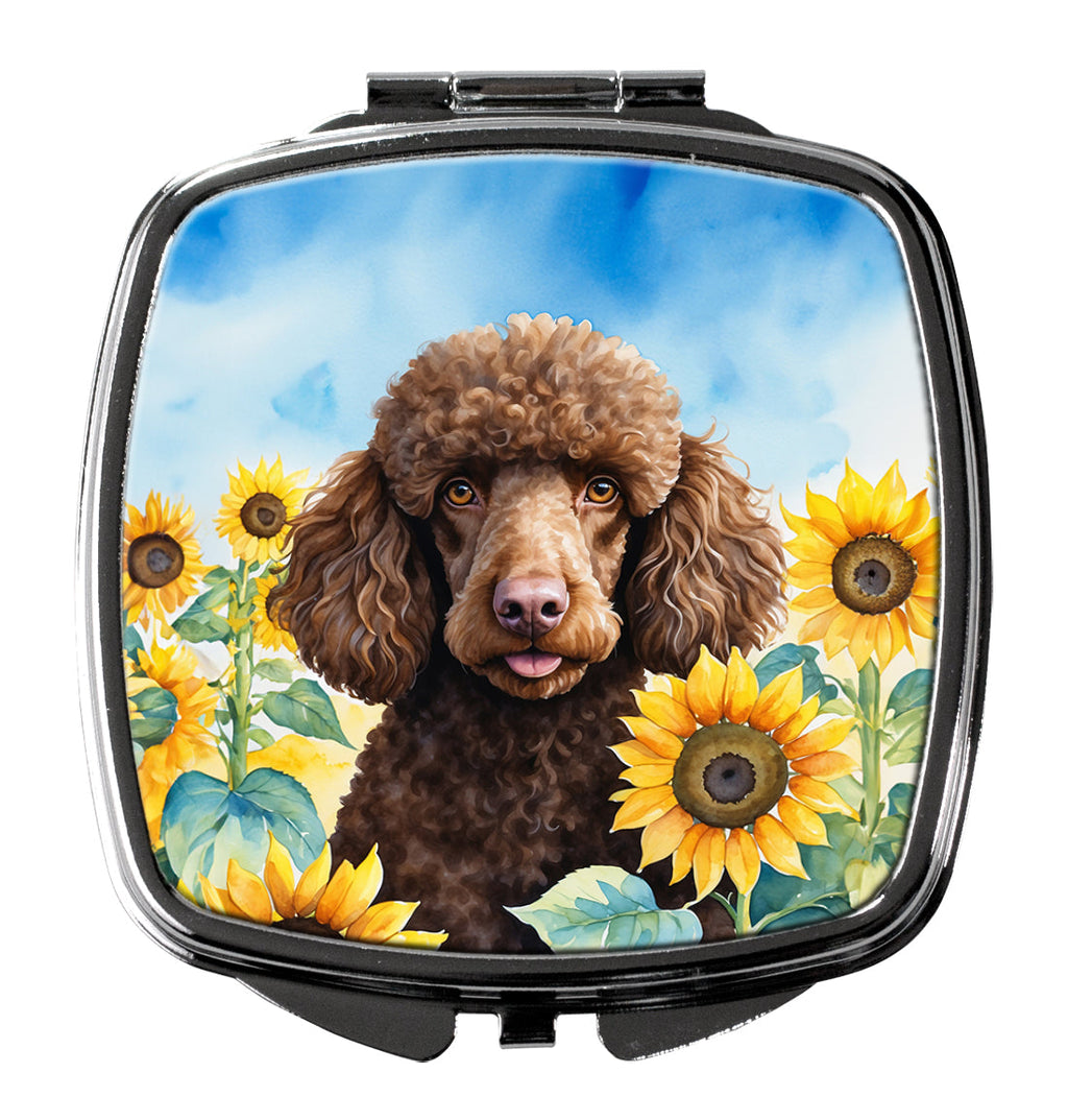 Chocolate Poodle in Sunflowers Compact Mirror Decorative Travel Makeup Mirror for Women Girls Gifts Pocket Makeup Mirror Folding Handheld
