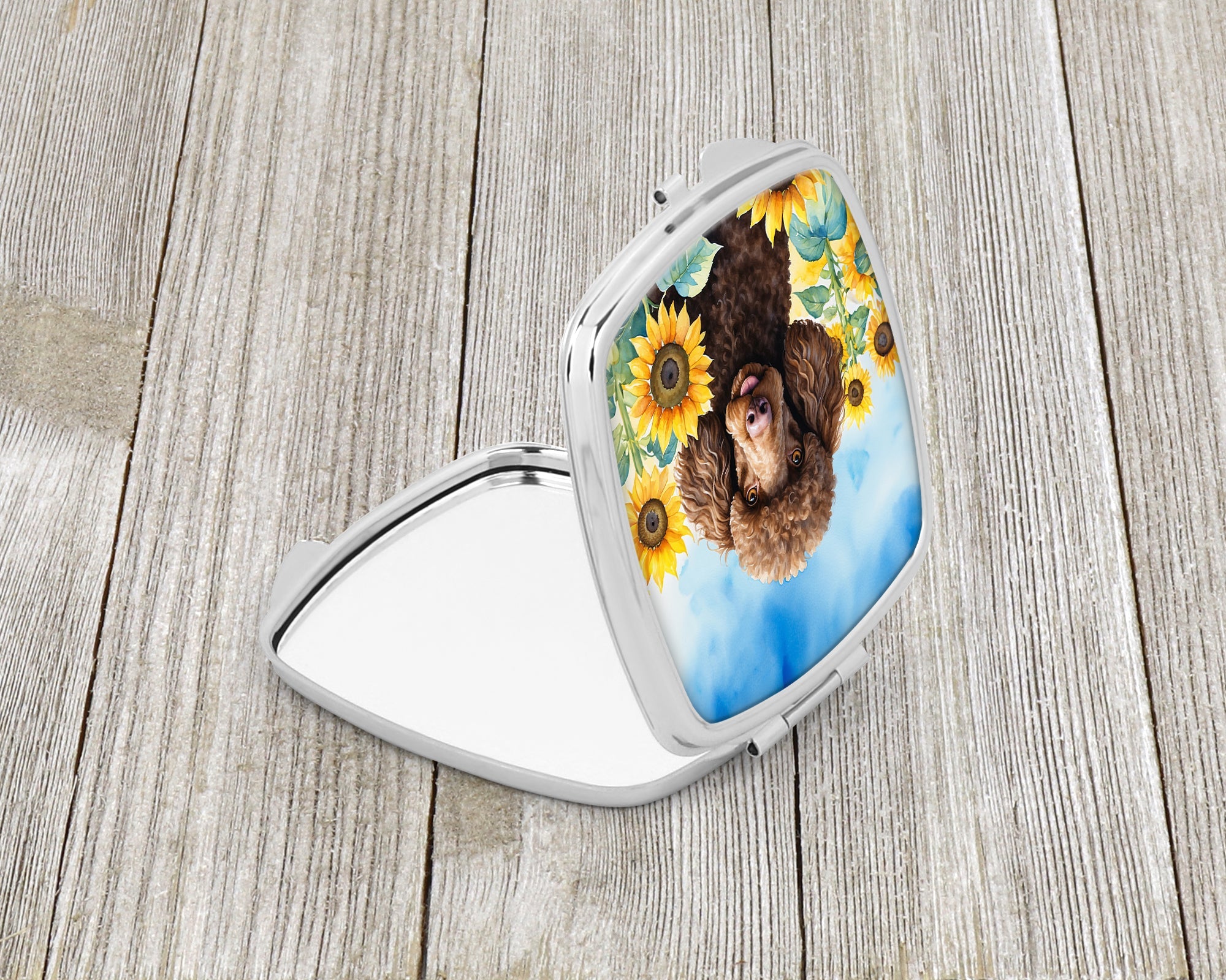 Chocolate Poodle in Sunflowers Compact Mirror Decorative Travel Makeup Mirror for Women Girls Gifts Pocket Makeup Mirror Folding Handheld