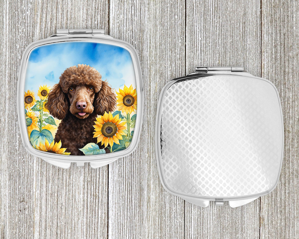 Chocolate Poodle in Sunflowers Compact Mirror Decorative Travel Makeup Mirror for Women Girls Gifts Pocket Makeup Mirror Folding Handheld