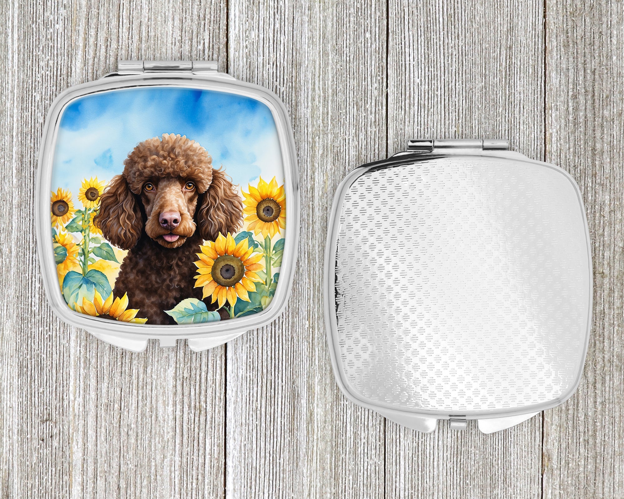 Chocolate Poodle in Sunflowers Compact Mirror Decorative Travel Makeup Mirror for Women Girls Gifts Pocket Makeup Mirror Folding Handheld