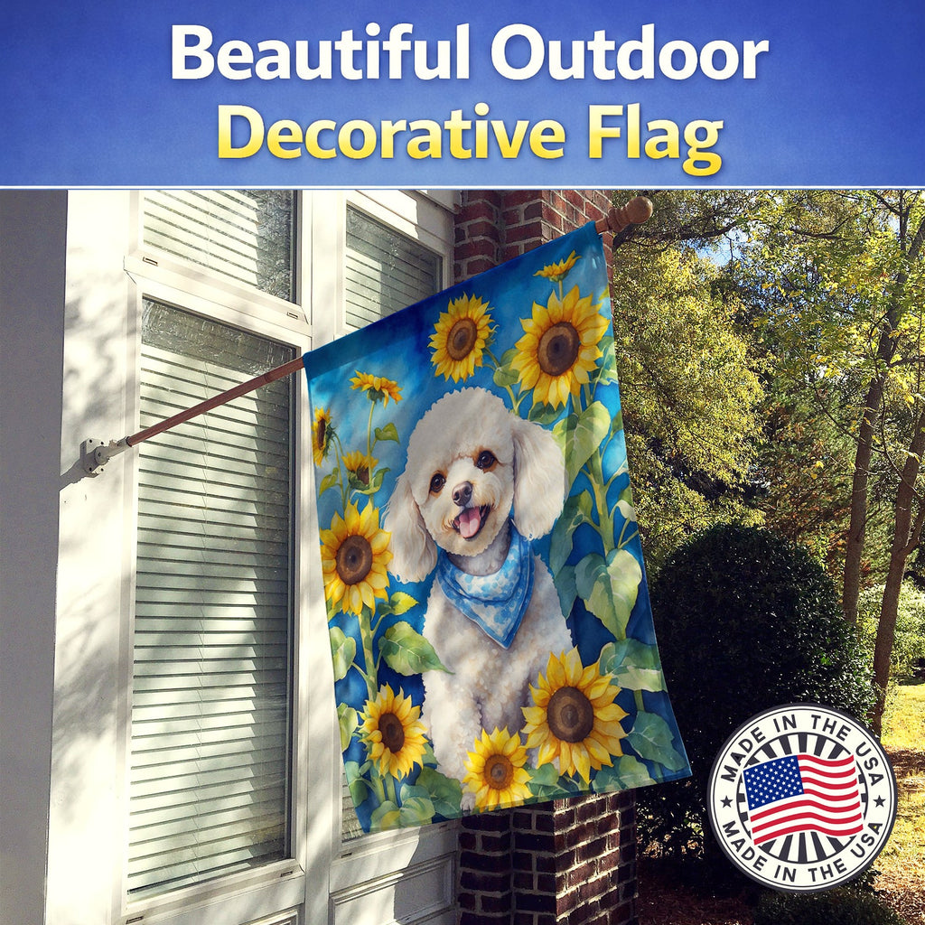 White Poodle in Sunflowers House Flag 28x40 Porch Sleeve Pole Decorative Outside Yard Banner Artwork Wall Hanging, Polyester