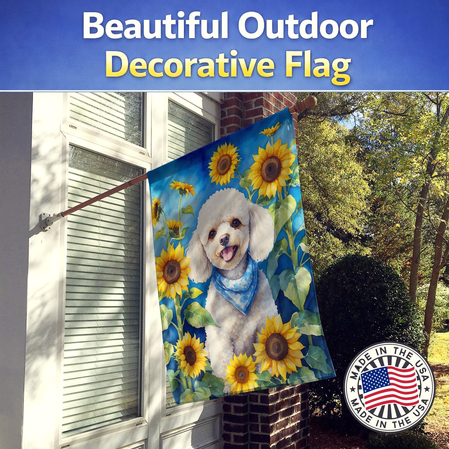 White Poodle in Sunflowers House Flag 28x40 Porch Sleeve Pole Decorative Outside Yard Banner Artwork Wall Hanging, Polyester