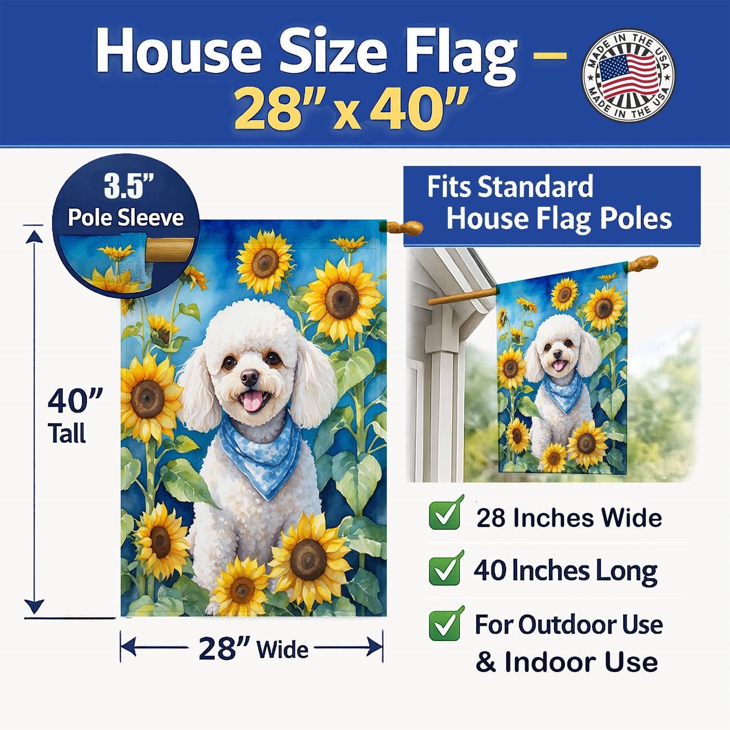 White Poodle in Sunflowers House Flag 28x40 Porch Sleeve Pole Decorative Outside Yard Banner Artwork Wall Hanging, Polyester