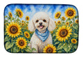 White Poodle in Sunflowers Dish Drying Mat Absorbent Dish Drying Mat Pad for Kitchen Counter Dish Drainer Mat for Countertop, 14 x 21", Multicolor