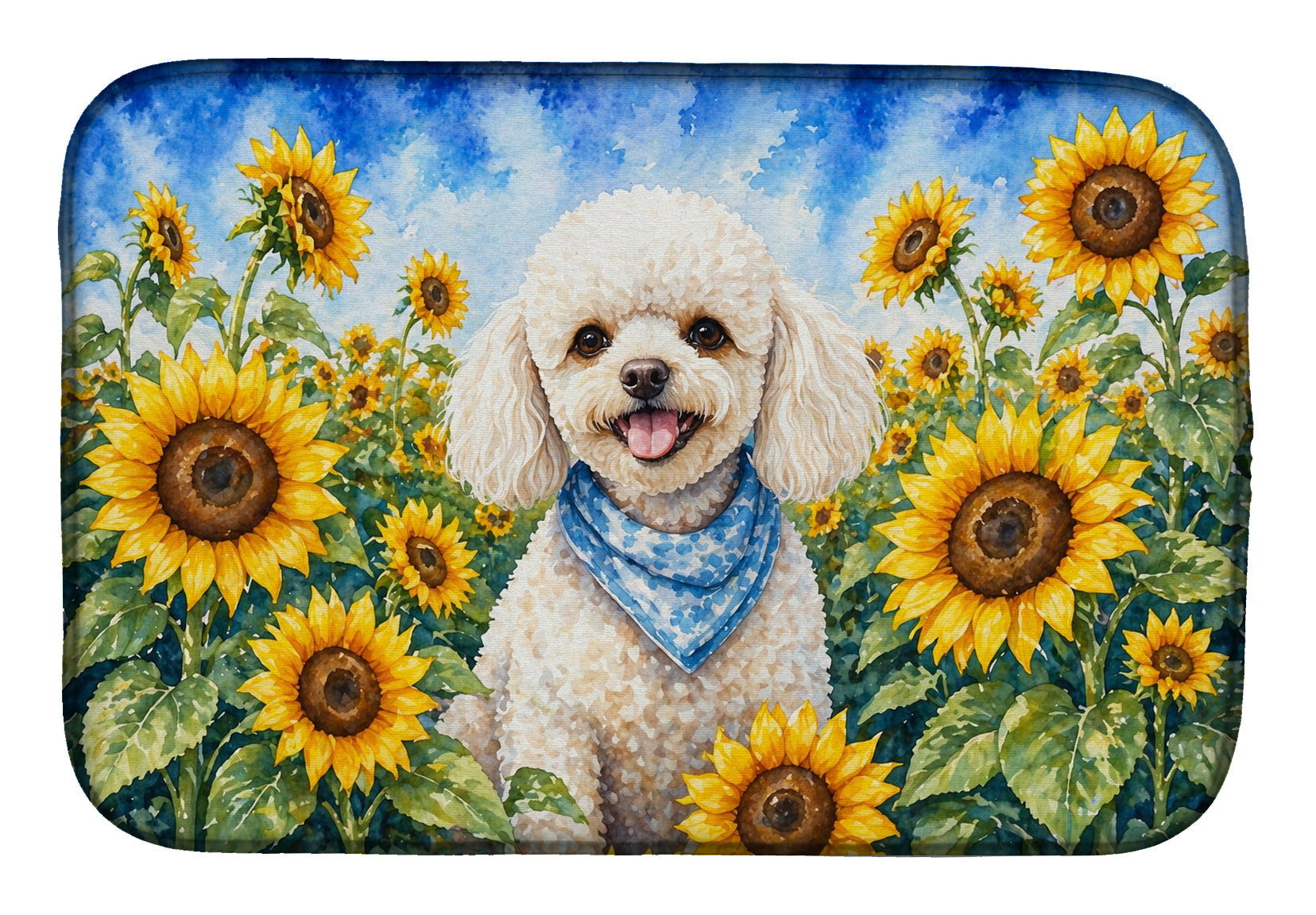 White Poodle in Sunflowers Dish Drying Mat Absorbent Dish Drying Mat Pad for Kitchen Counter Dish Drainer Mat for Countertop, 14 x 21", Multicolor
