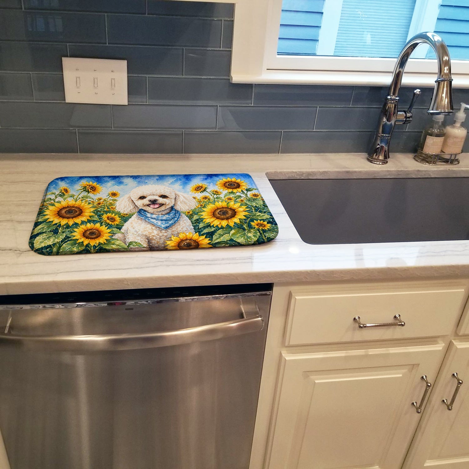 White Poodle in Sunflowers Dish Drying Mat Absorbent Dish Drying Mat Pad for Kitchen Counter Dish Drainer Mat for Countertop, 14 x 21", Multicolor