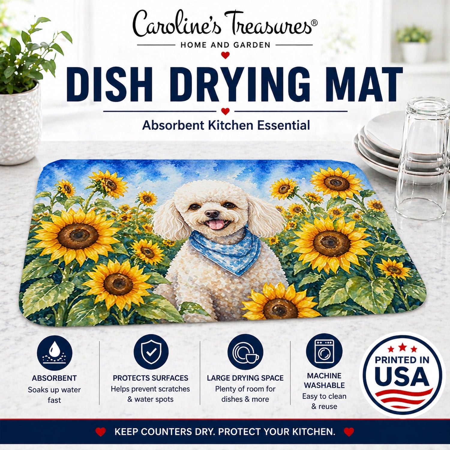 White Poodle in Sunflowers Dish Drying Mat Absorbent Dish Drying Mat Pad for Kitchen Counter Dish Drainer Mat for Countertop, 14 x 21", Multicolor